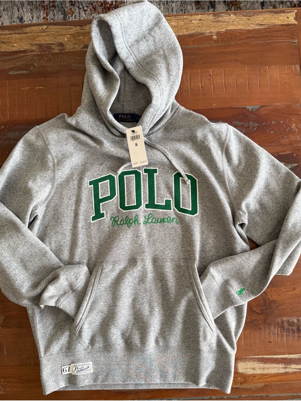 Polo Ralph Lauren Grey w/Green Lettering Pullover Hoodie! NWTS!  M